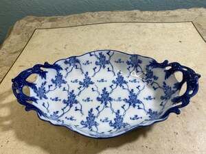 Vtg Bristol House Flow Blue Floral Oval Serving Dish with Pierced Handles 12.5"